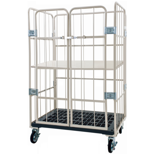 ロールボックスパレット　底板樹脂　前面観音扉付　1100W×800D×1700H　MJK-5C-T3　鉄板中間棚３枚付き
