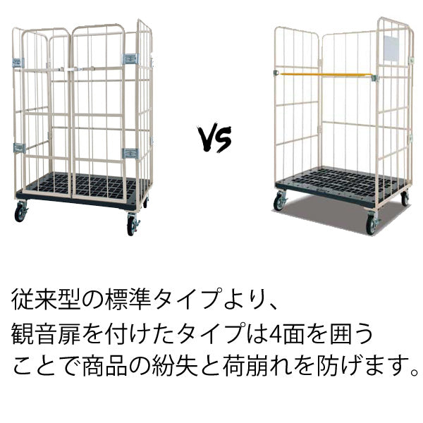 ロールボックスパレット　底板樹脂　前面観音扉付　1100W×800D×1700H　MJK-5C-K-T1　看板付き　鉄板中間棚１枚付き